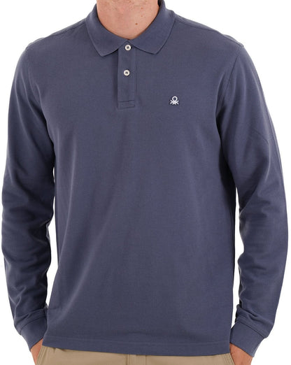 Benetton Langarm-Poloshirt, gewaschenes Marineblau
