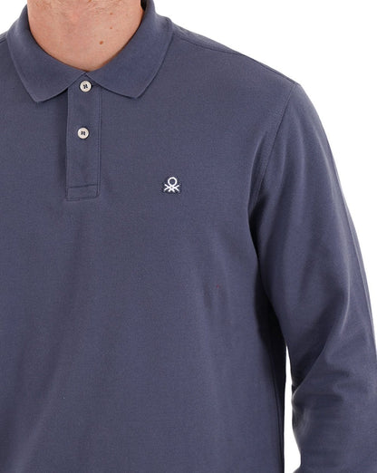 Benetton Langarm-Poloshirt, gewaschenes Marineblau