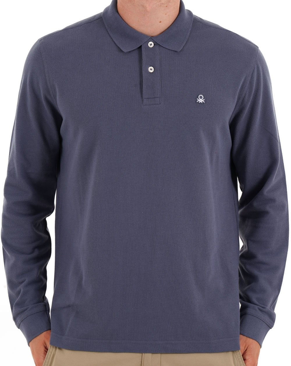 Benetton Langarm-Poloshirt, gewaschenes Marineblau