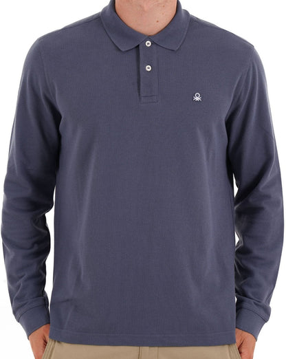 Benetton Langarm-Poloshirt, gewaschenes Marineblau
