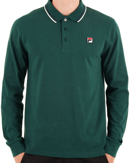 Fila Vintage Langarm-Poloshirt mit Zierstreifen, Dunkelgrün
