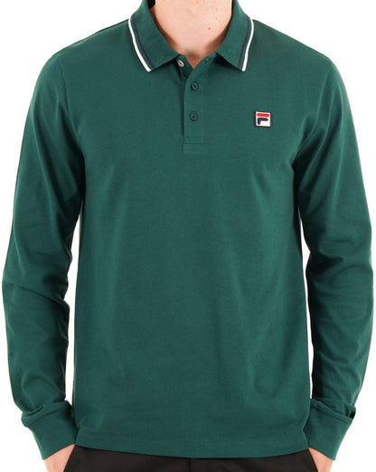 Fila Vintage Langarm-Poloshirt mit Zierstreifen, Dunkelgrün