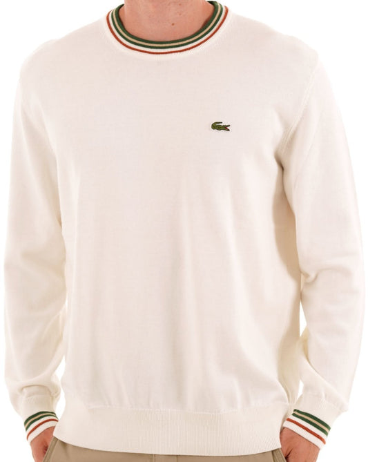 Lacoste Strickpullover mit Rundhalsausschnitt und Zierstreifen – Ecru