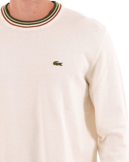 Lacoste Strickpullover mit Rundhalsausschnitt und Zierstreifen – Ecru