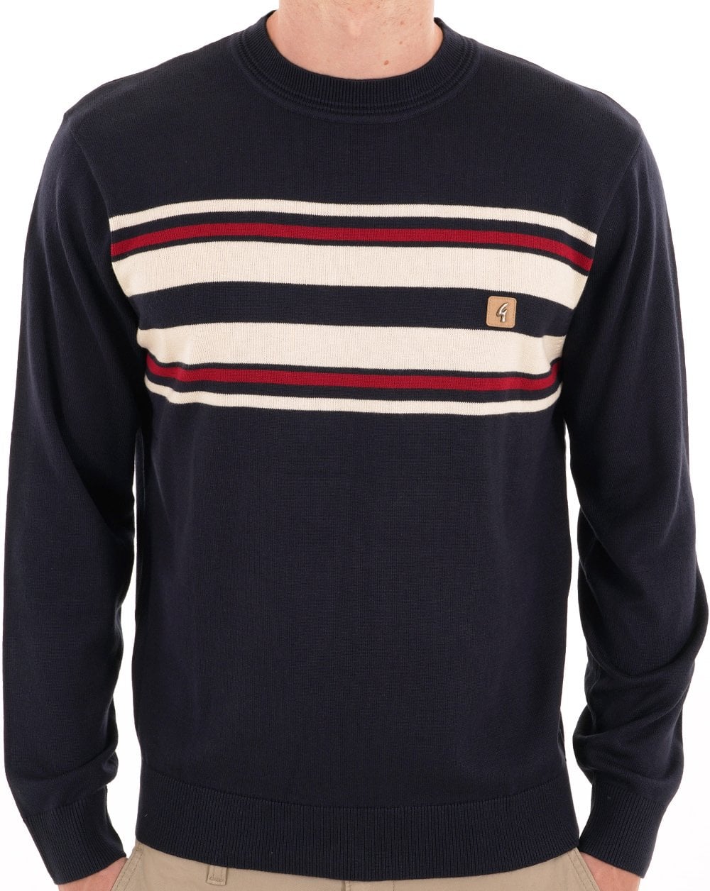 Gabicci Vintage Liam Gestreifter Rundhalsstrickpullover Marineblau