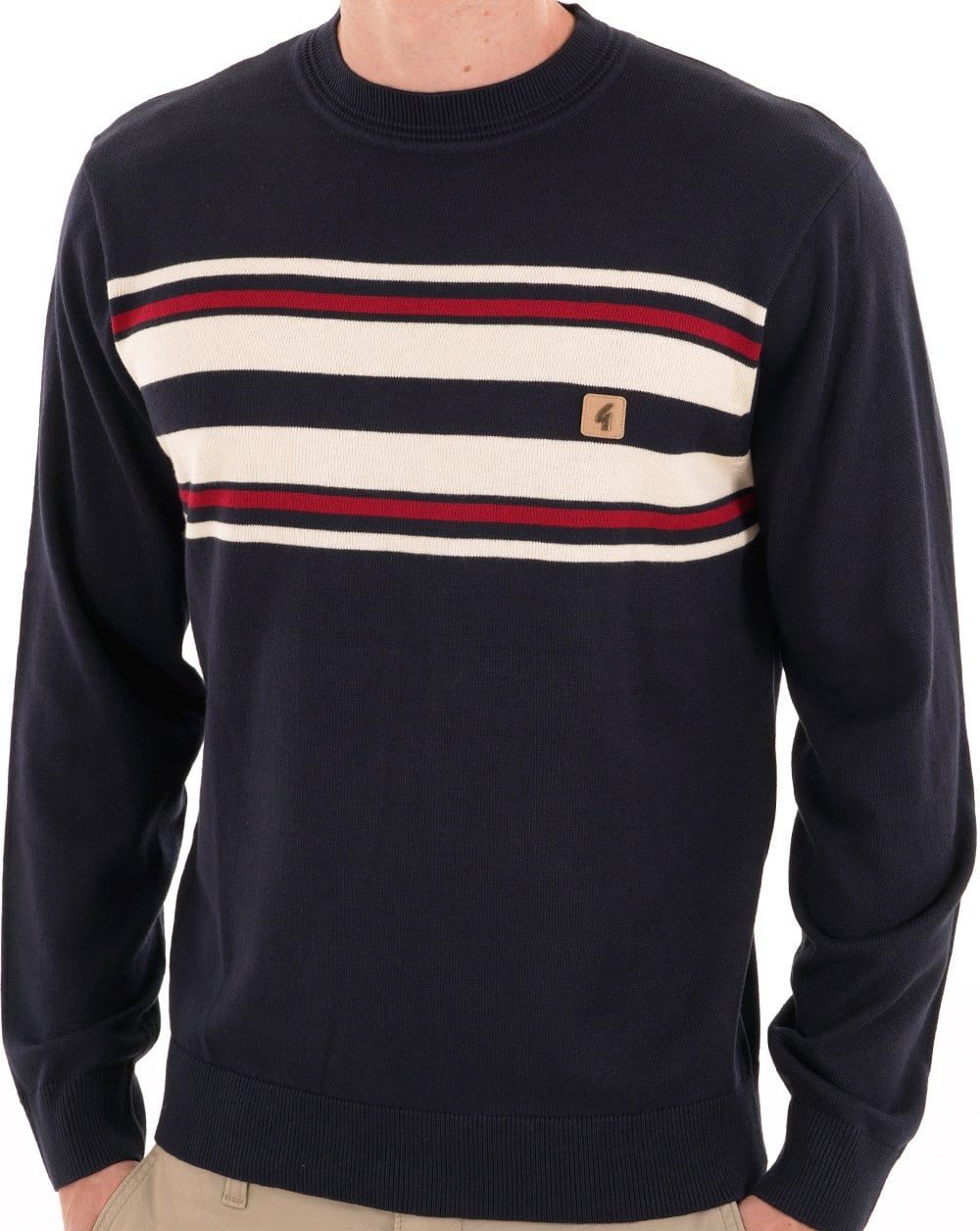 Gabicci Vintage Liam Gestreifter Rundhalsstrickpullover Marineblau