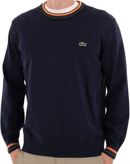 Lacoste Strickpullover mit Rundhalsausschnitt und Farbtupfern, Marineblau