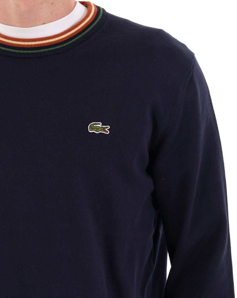 Lacoste Strickpullover mit Rundhalsausschnitt und Farbtupfern, Marineblau
