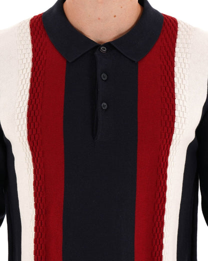 Ben Sherman Langarm-Strickpolo mit vertikalen Streifen, Dunkelblau