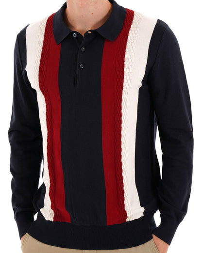 Ben Sherman Langarm-Strickpolo mit vertikalen Streifen, Dunkelblau