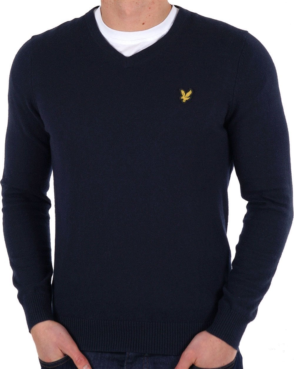 Lyle & Scott Baumwoll-Merino-Pullover mit V-Ausschnitt, Dunkelblau