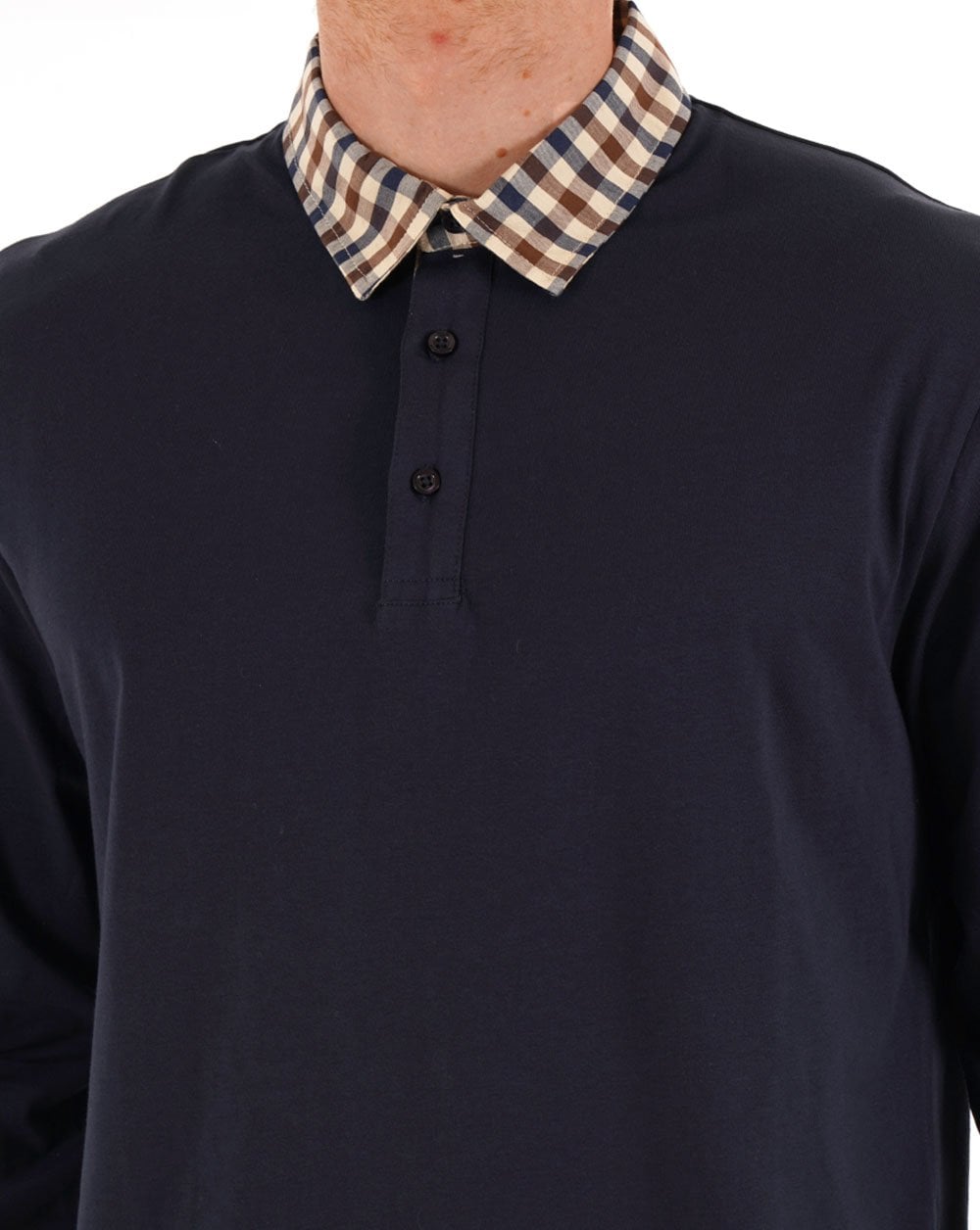 Aquascutum Club Check Long Sleeve Polo Navy