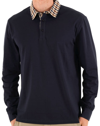 Aquascutum Club Check Langarm-Polohemd, Marineblau