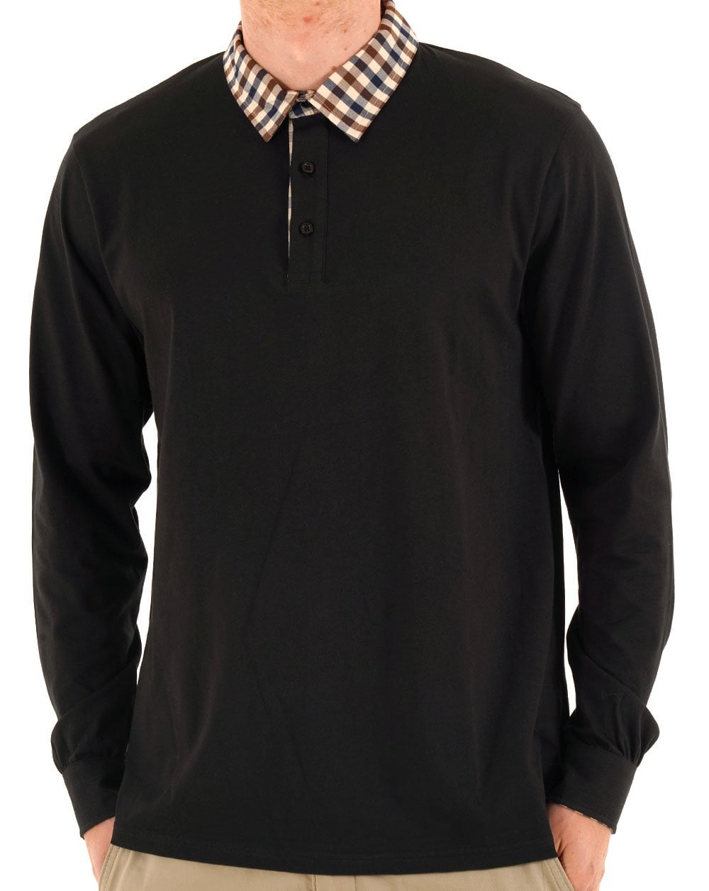 Aquascutum Club Check Langarm-Polohemd Schwarz