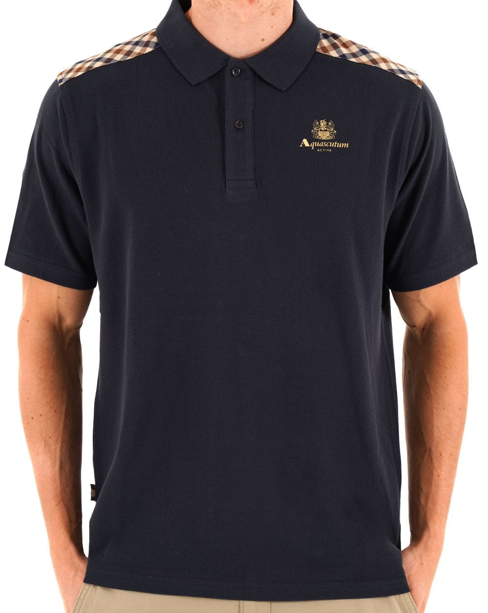 Aquascutum Streifen-Karo-Schulter-Polo Marineblau