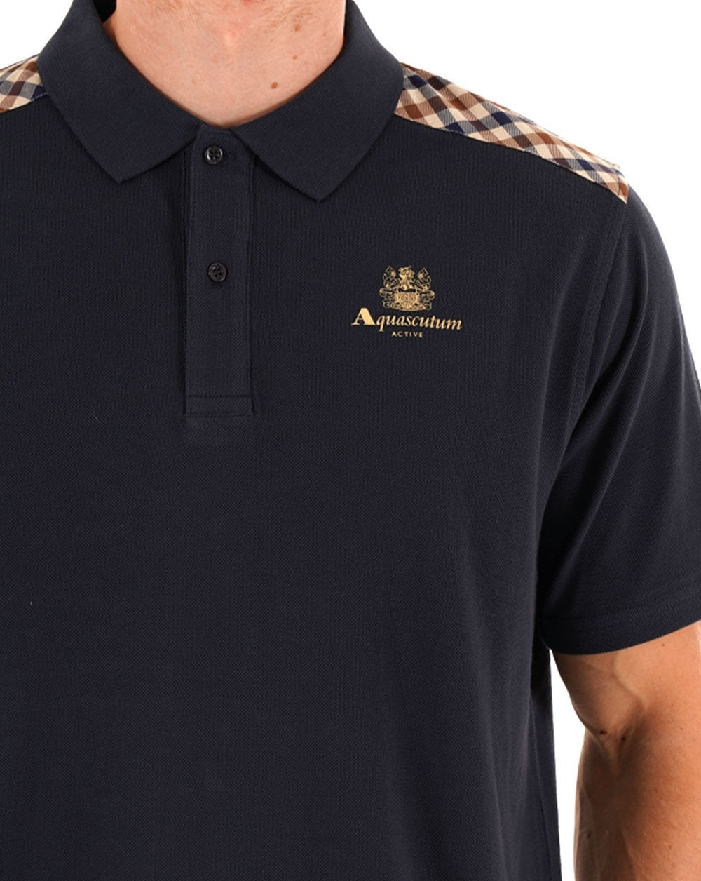 Aquascutum Streifen-Karo-Schulter-Polo Marineblau