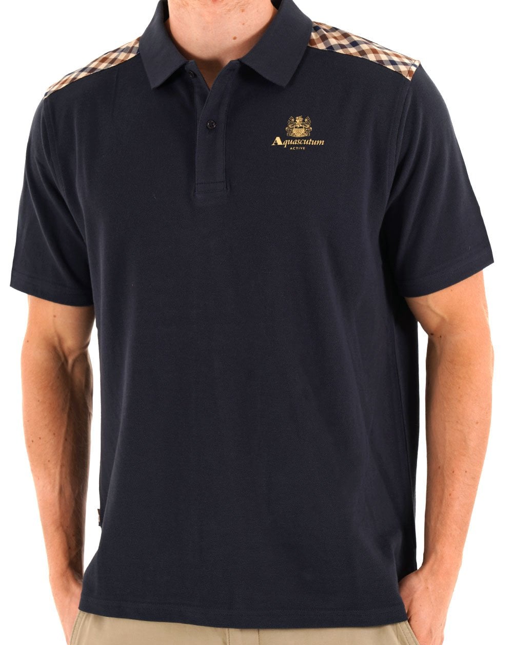 Aquascutum Streifen-Karo-Schulter-Polo Marineblau