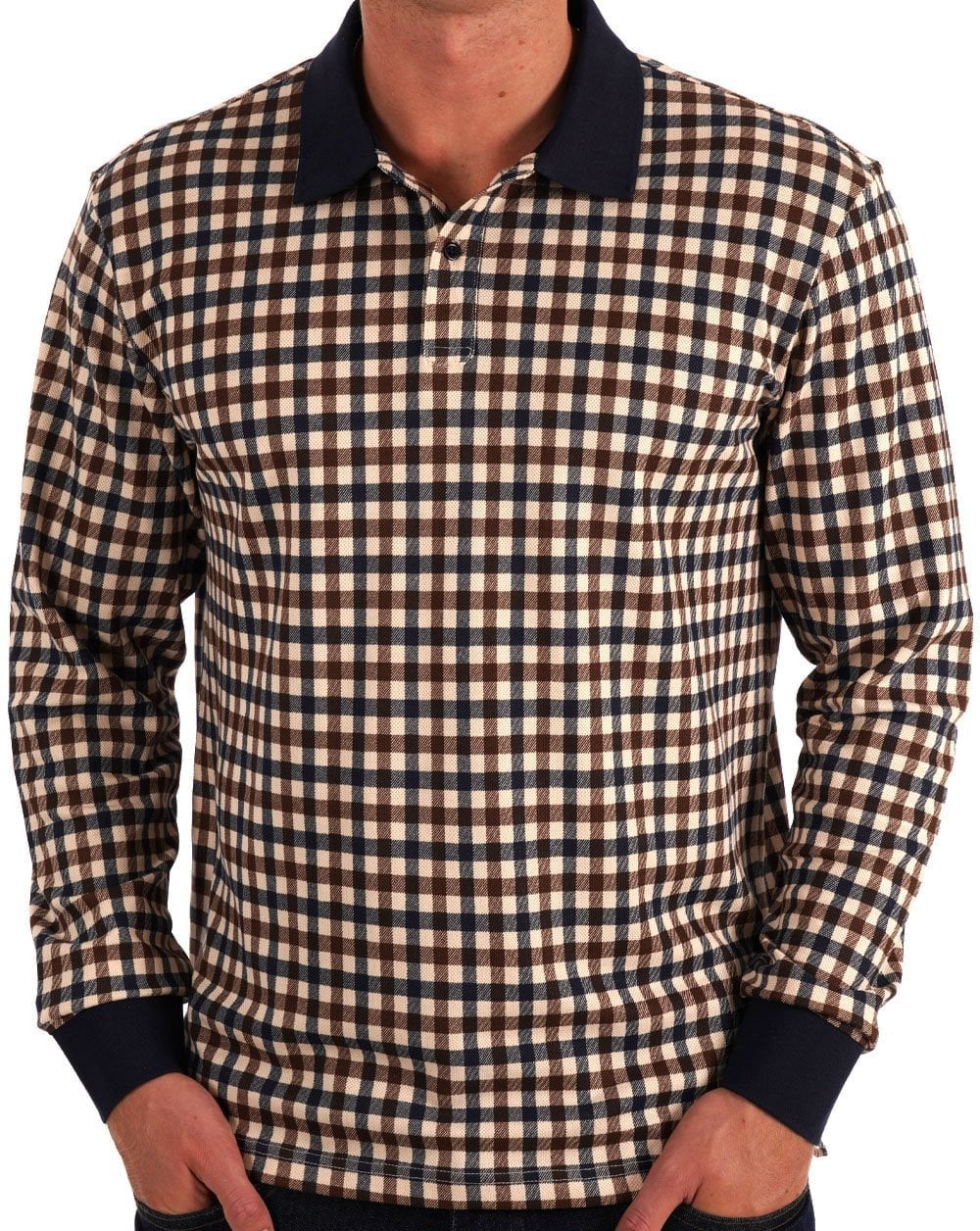 Aquascutum Iconic Club Check Langarm-Polohemd, Marineblau