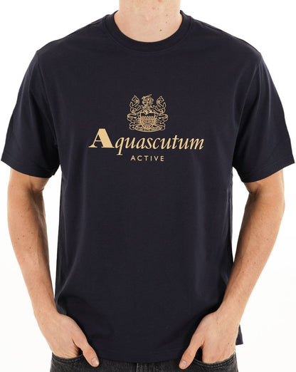 Aquascutum – T-Shirt mit großem Logo, Marineblau