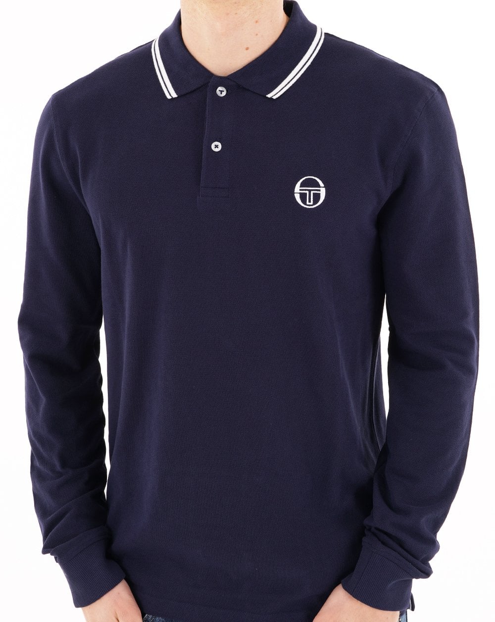 Sergio Tacchini Langarm-Poloshirt mit Ziernähten, Marineblau