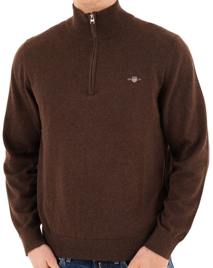 Gant Klassischer Baumwollpullover mit halbem Reißverschluss, braun meliert