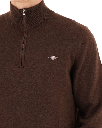 Gant Klassischer Baumwollpullover mit halbem Reißverschluss, braun meliert