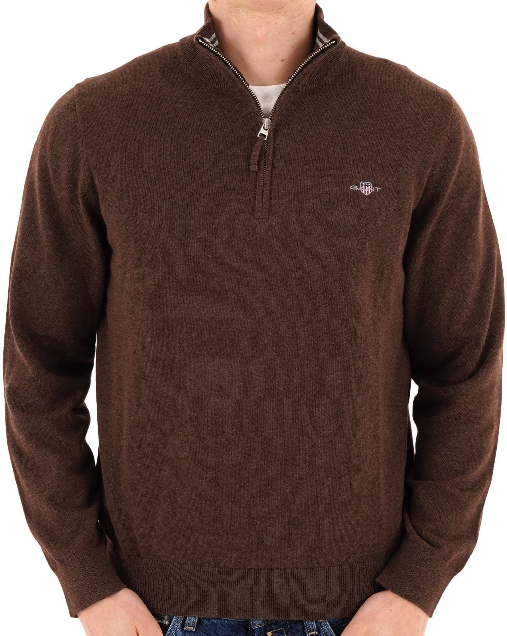 Gant Klassischer Baumwollpullover mit halbem Reißverschluss, braun meliert
