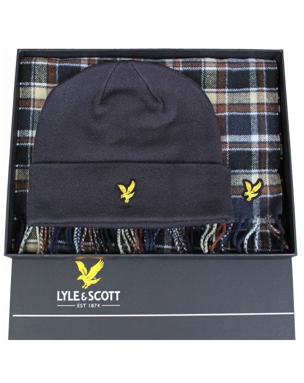Lyle & Scott Schal- und Mützenset aus Lammwollmischung, Blau Nacht