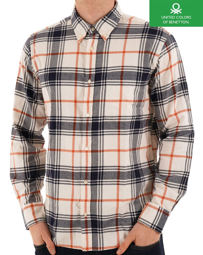 Benetton Flanellhemd mit Karomuster, Cremeweiß