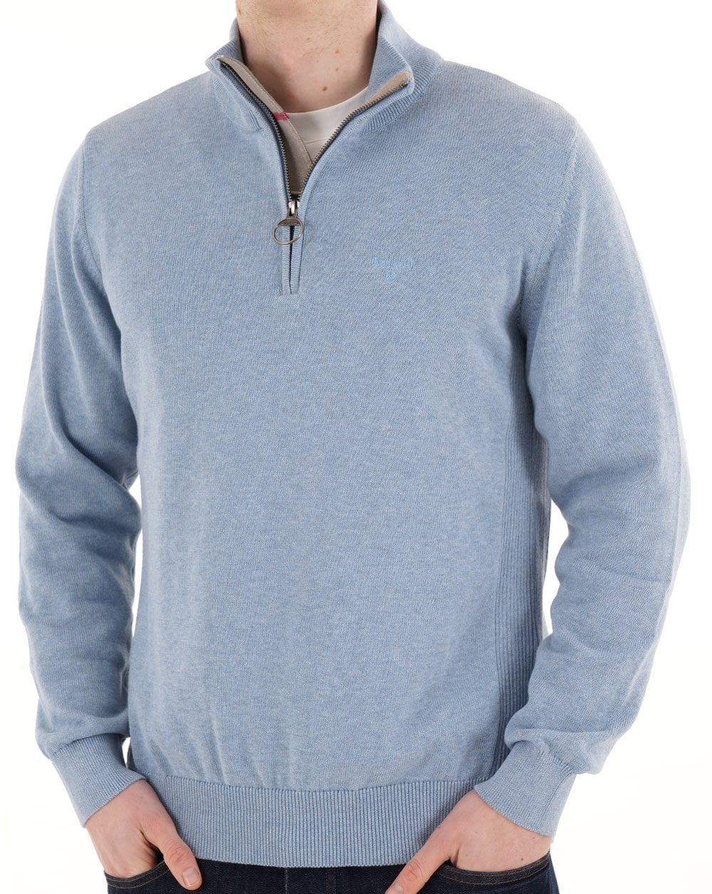 Barbour Baumwollstrickstrick mit halbem Reißverschluss, hellblaues Chambray
