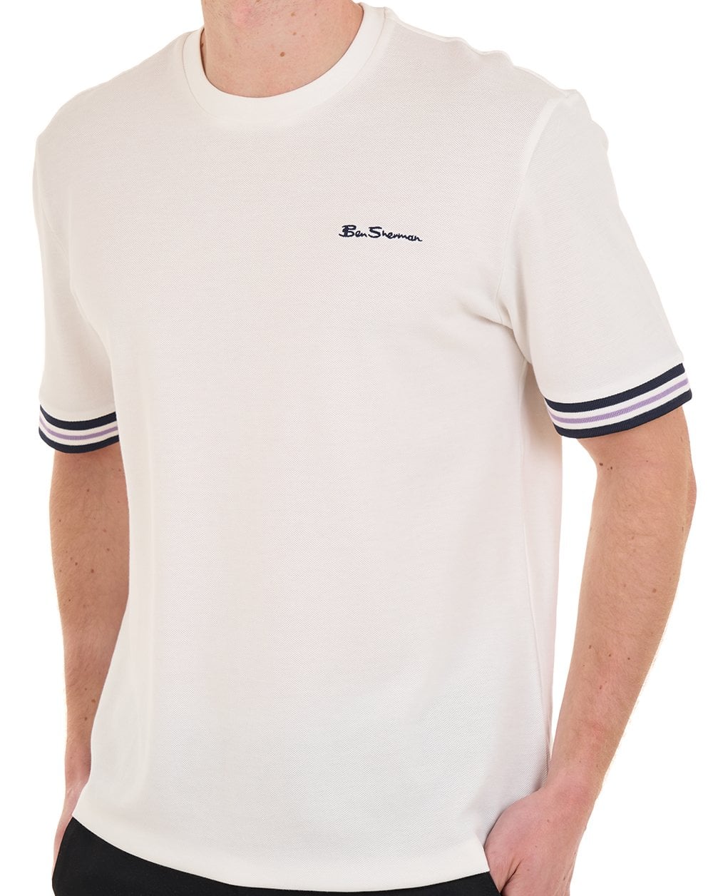 Ben Sherman Piqué-T-Shirt mit Spitzeneinsatz, Schneeweiß