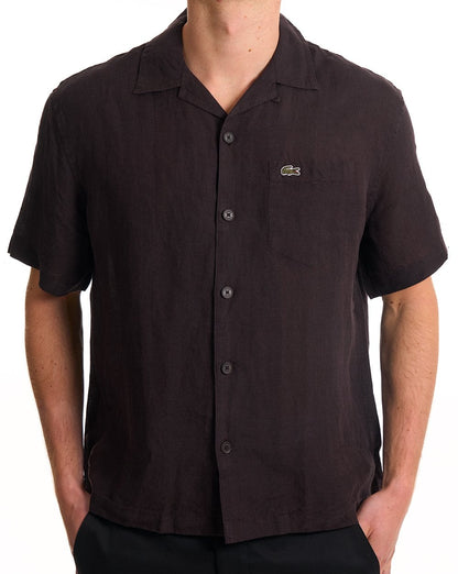 Lacoste Leinenhemd mit Relaxed Fit, Kurzarm, Braun