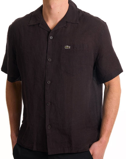 Lacoste Leinenhemd mit Relaxed Fit, Kurzarm, Braun