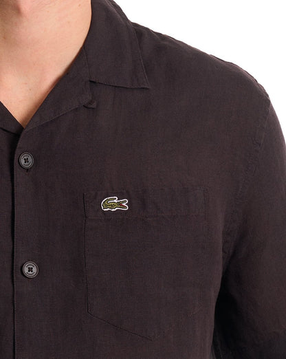 Lacoste Leinenhemd mit Relaxed Fit, Kurzarm, Braun