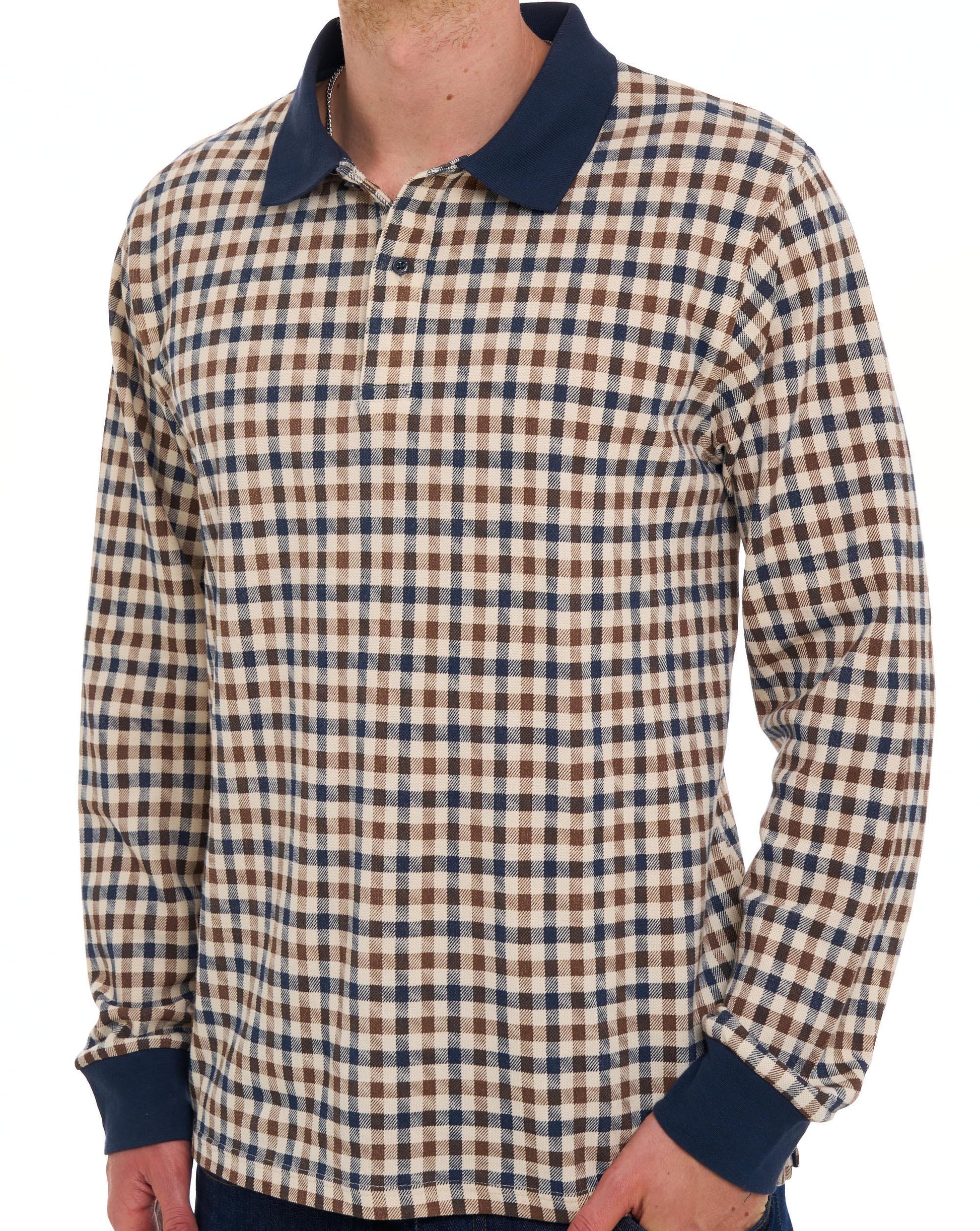 Aquascutum Iconic Club Check Langarm-Polohemd, Marineblau