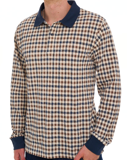 Aquascutum Iconic Club Check Langarm-Polohemd, Marineblau