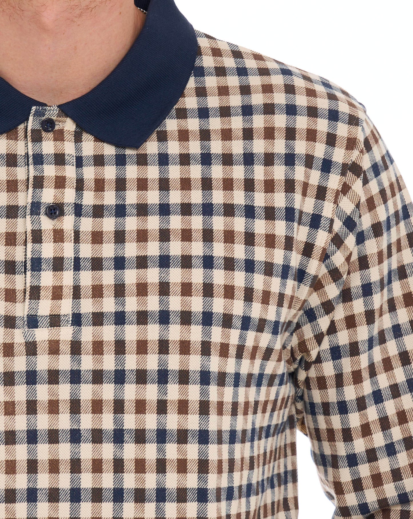 Aquascutum Iconic Club Check Langarm-Polohemd, Marineblau