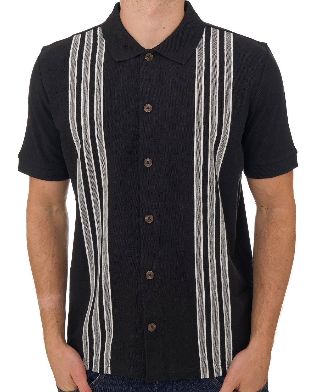 Ben Sherman Birdseye Stripe Button Thru Polo Black