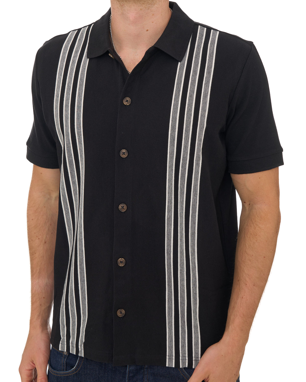 Ben Sherman Birdseye Stripe Button Thru Polo Black