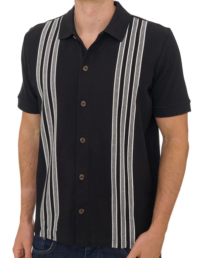 Ben Sherman Birdseye Stripe Button Thru Polo Black