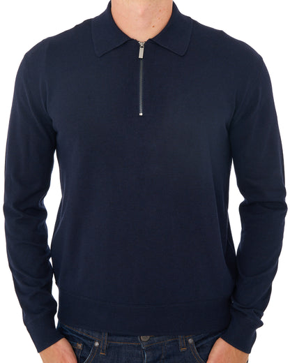 Benetton Fine Knit Zip LS Polo Dark Navy
