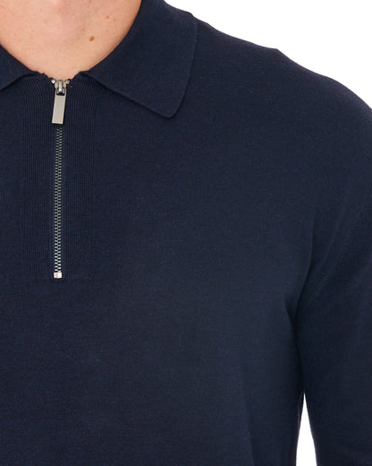 Benetton Fine Knit Zip LS Polo Dark Navy