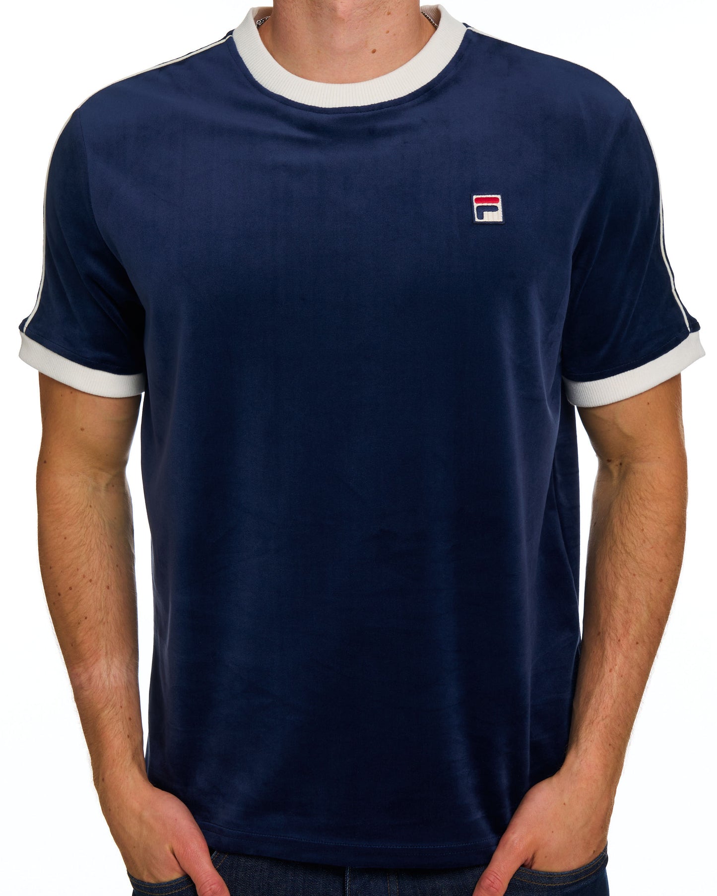 Fila Vintage Basilio Velours-T-Shirt Marineblau/Gardenia
