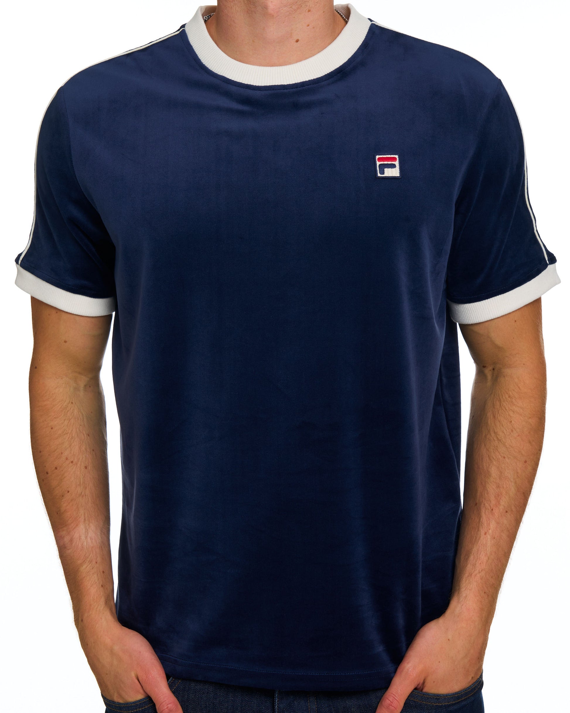 Fila Vintage Basilio Velours-T-Shirt Marineblau/Gardenia