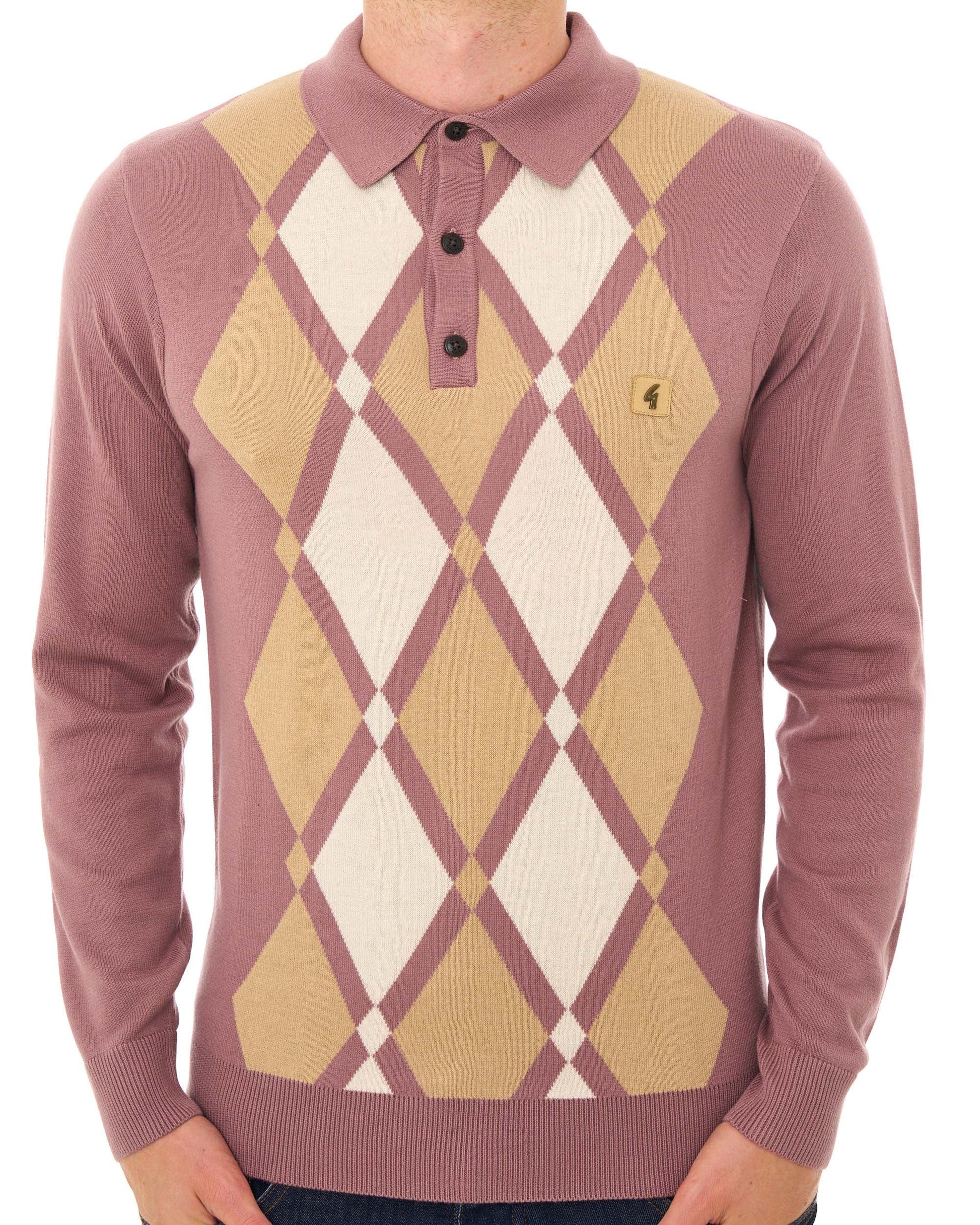 Gabicci Vintage Bond Argyle Knit Polo Dusky Pink