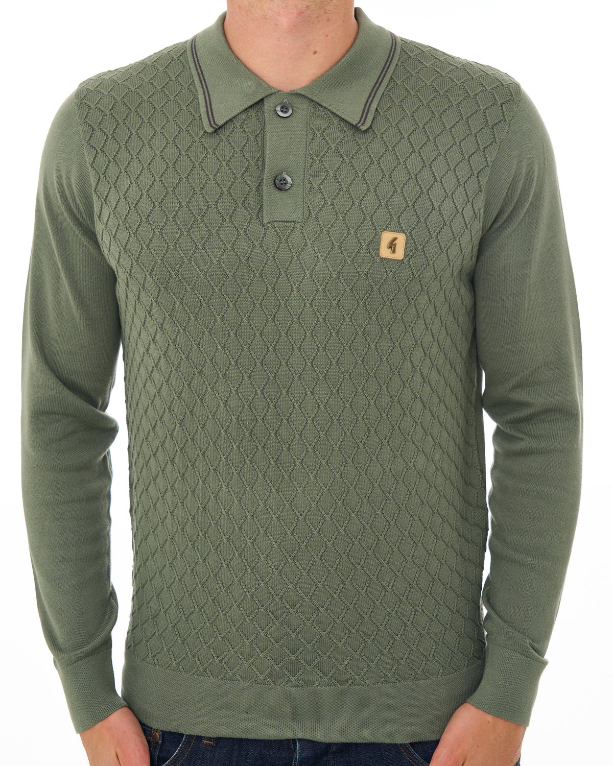 Gabicci Vintage Cambridge LS Textured Knit Polo Khaki Green