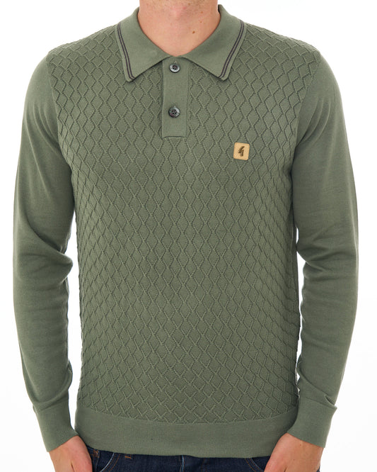 Gabicci Vintage Gabicci Vintage Cambridge LS Textured Knit Polo Sage