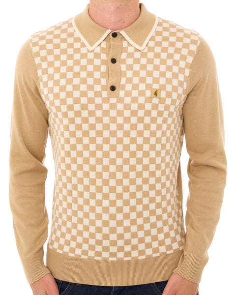 Gabicci Vintage Chequerboard LS Knit Polo Caramel