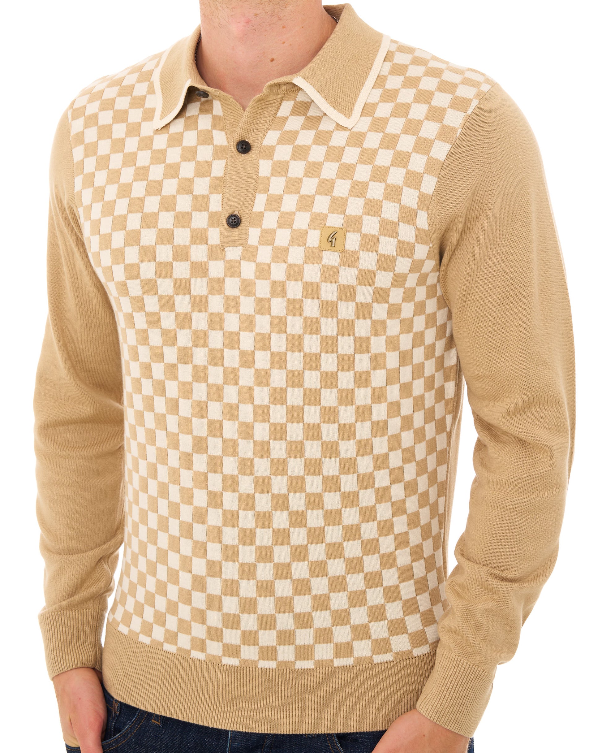 Gabicci Vintage Chequerboard LS Knit Polo Caramel