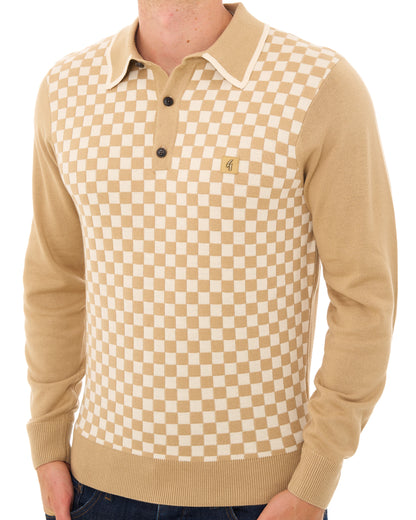Gabicci Vintage Chequerboard LS Knit Polo Caramel